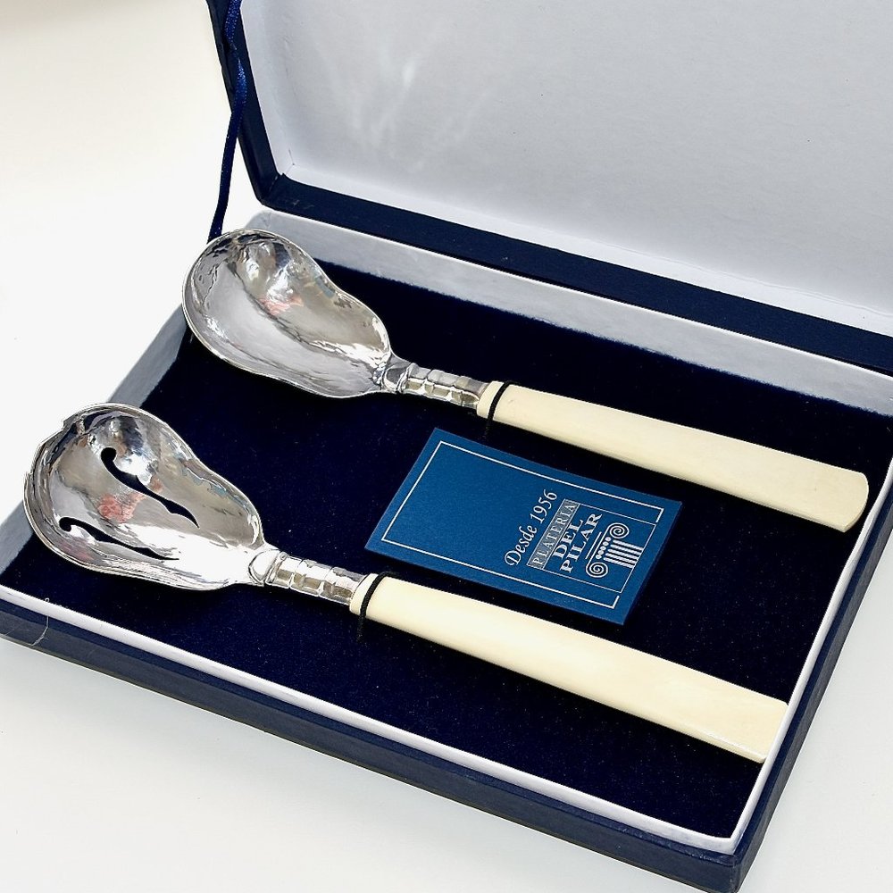 Sterling Silver 925 with Natural Horn handle Serving Spoons Set 2